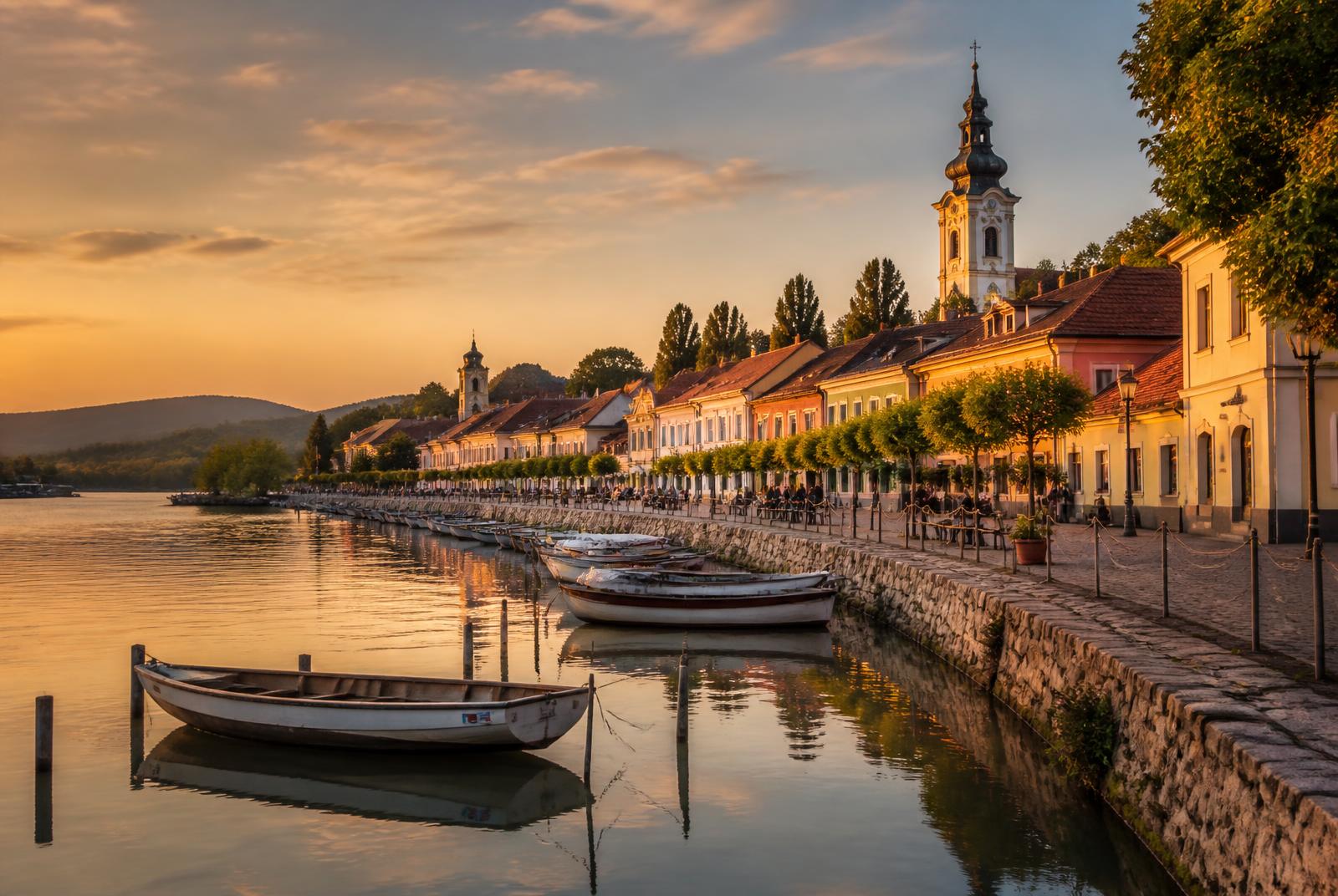 Danube waterfront promenade at golden hour in Szentendre, Hungary