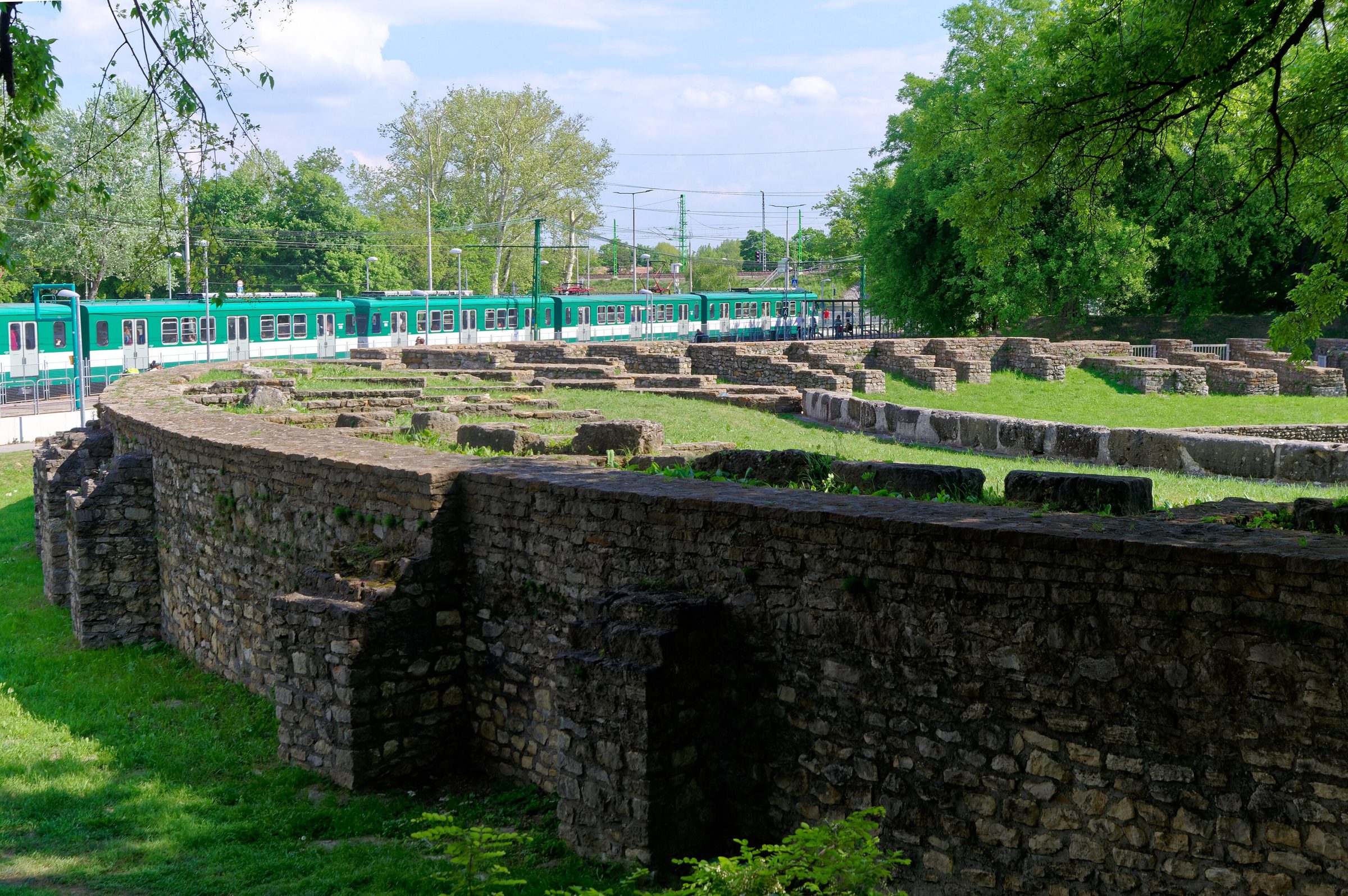 Stone tiers and arena wall of the Roman amphitheatre at Aquincum, Budapest