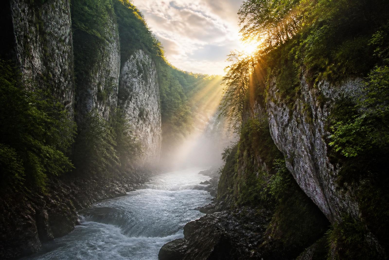 Misty limestone gorge with river rapids — Hungary filming location