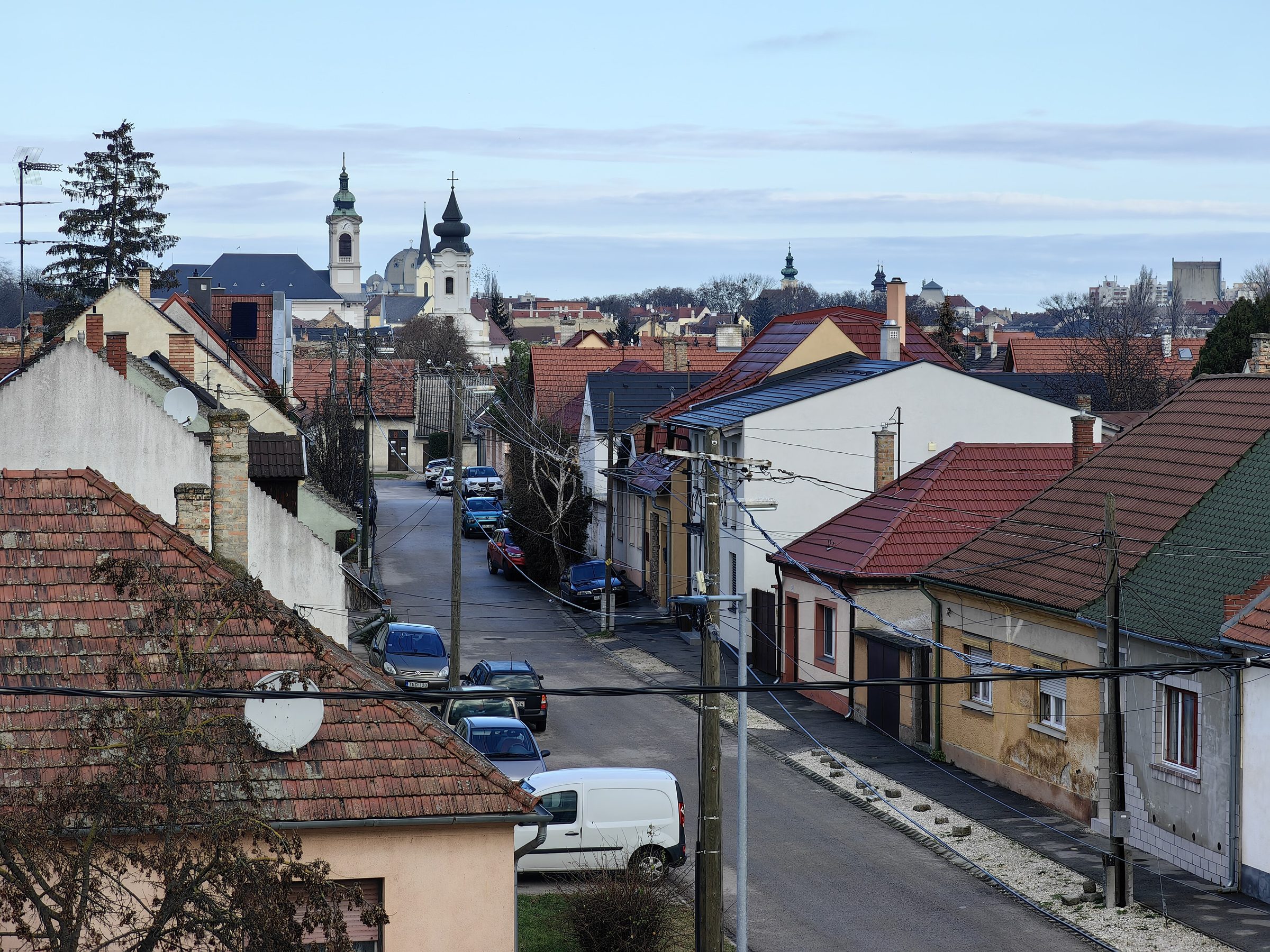 Rooftops and church towers of the old town in Győr, Hungary