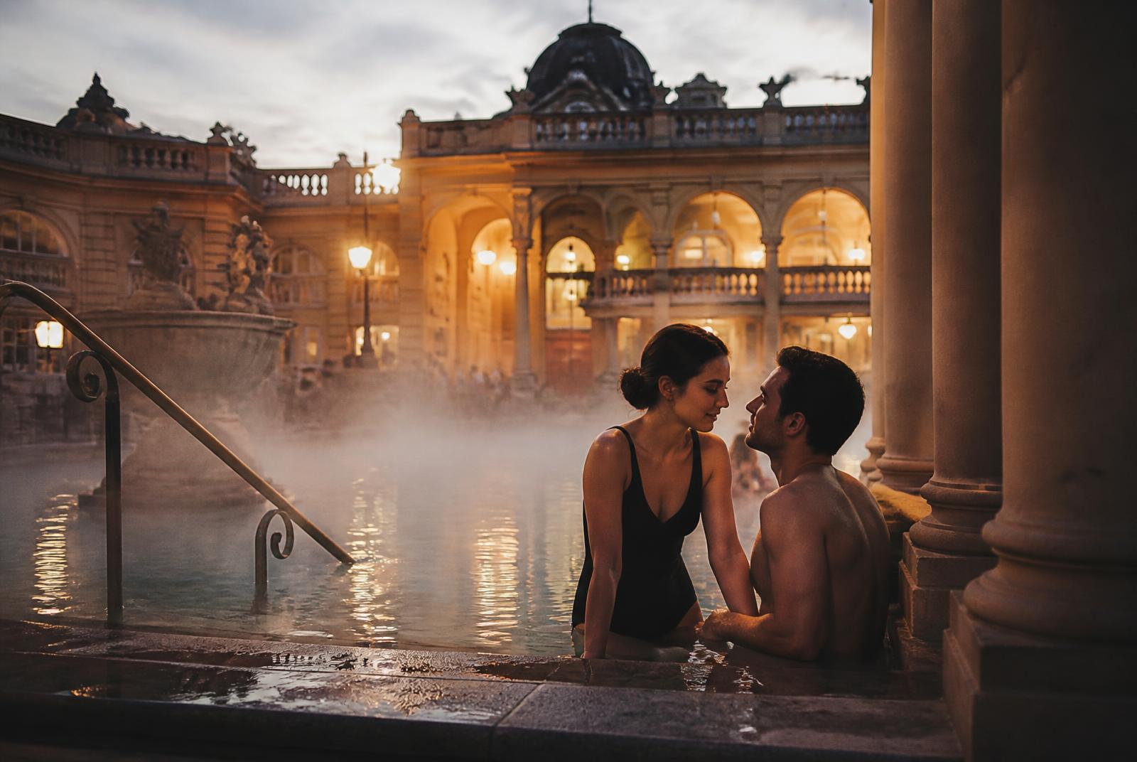 Steaming thermal bath colonnade at dusk — Budapest filming location