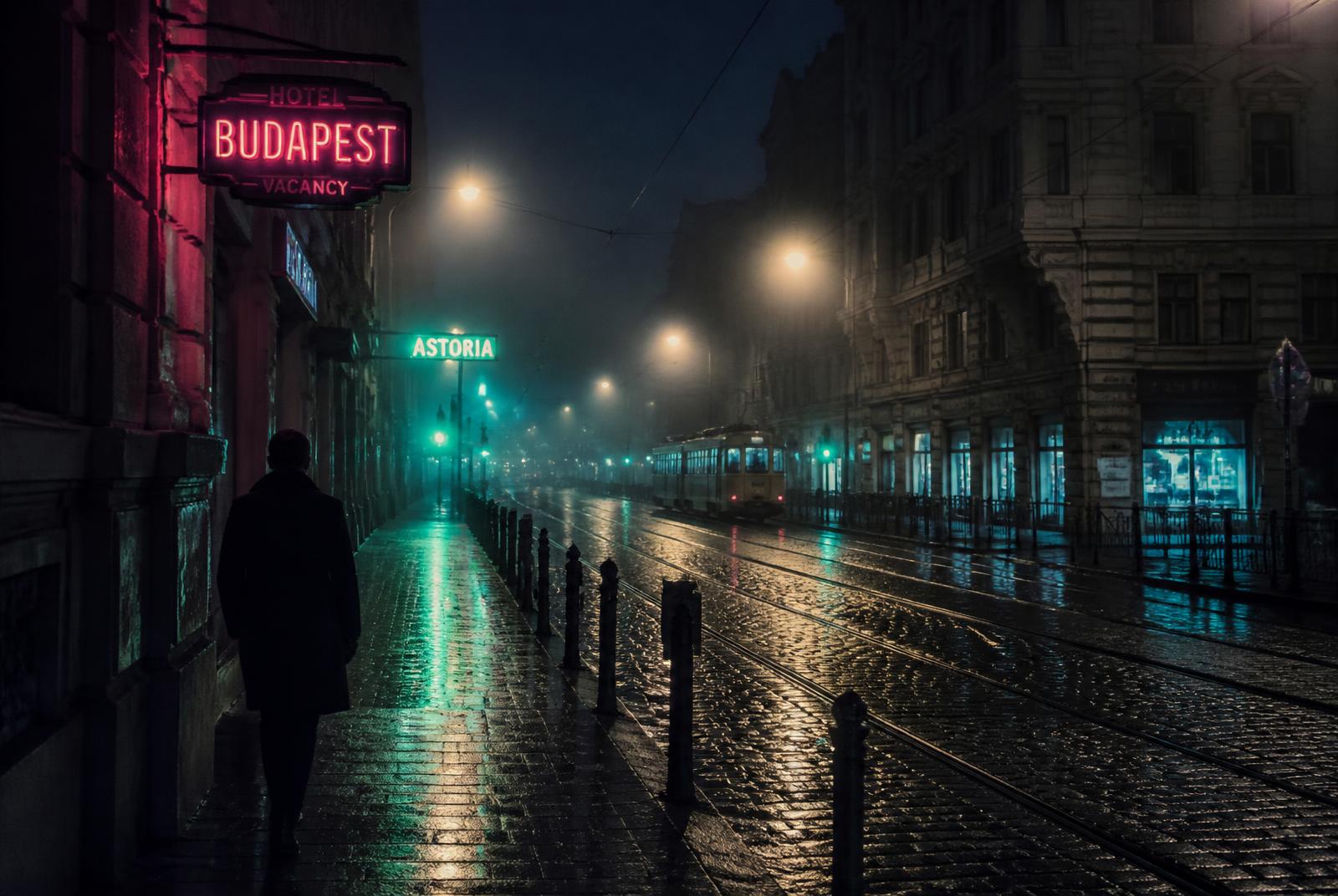 Neon-lit wet night street with tram tracks — Budapest filming location