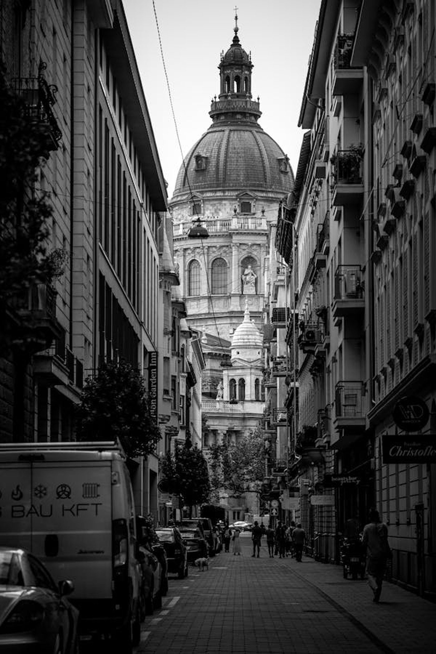 St Stephen's Basilica district in black and white — Budapest filming location