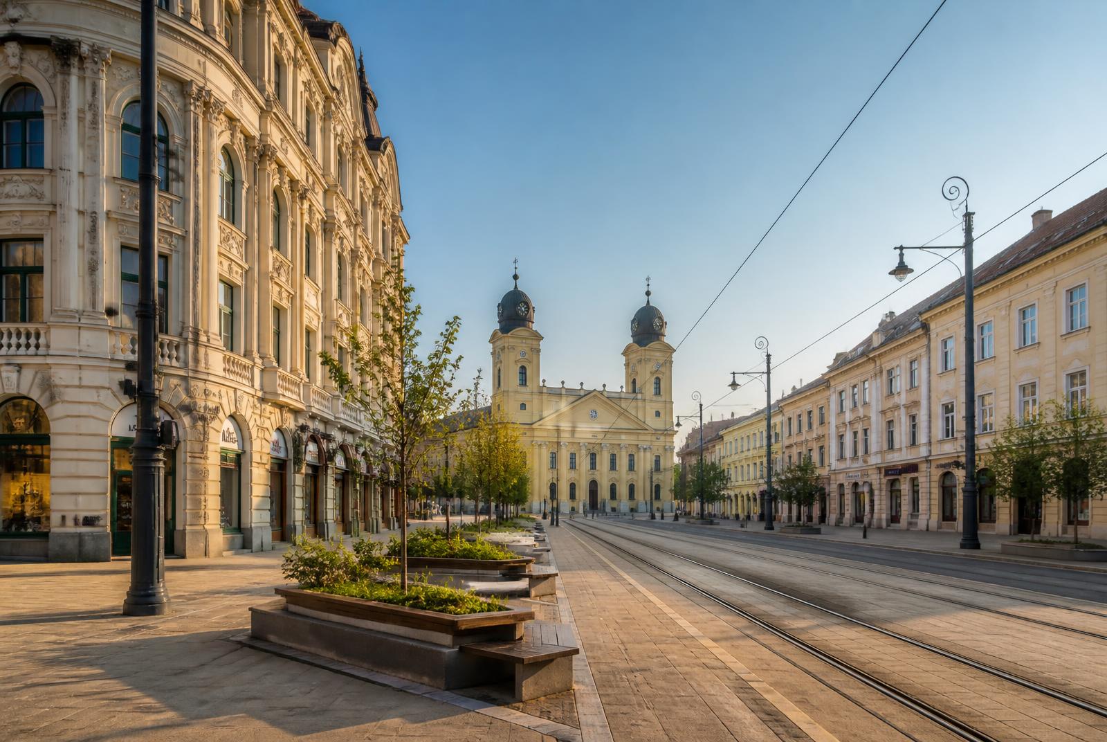 Wide pedestrian boulevard with period facades and tram tracks in Debrecen, Hungary